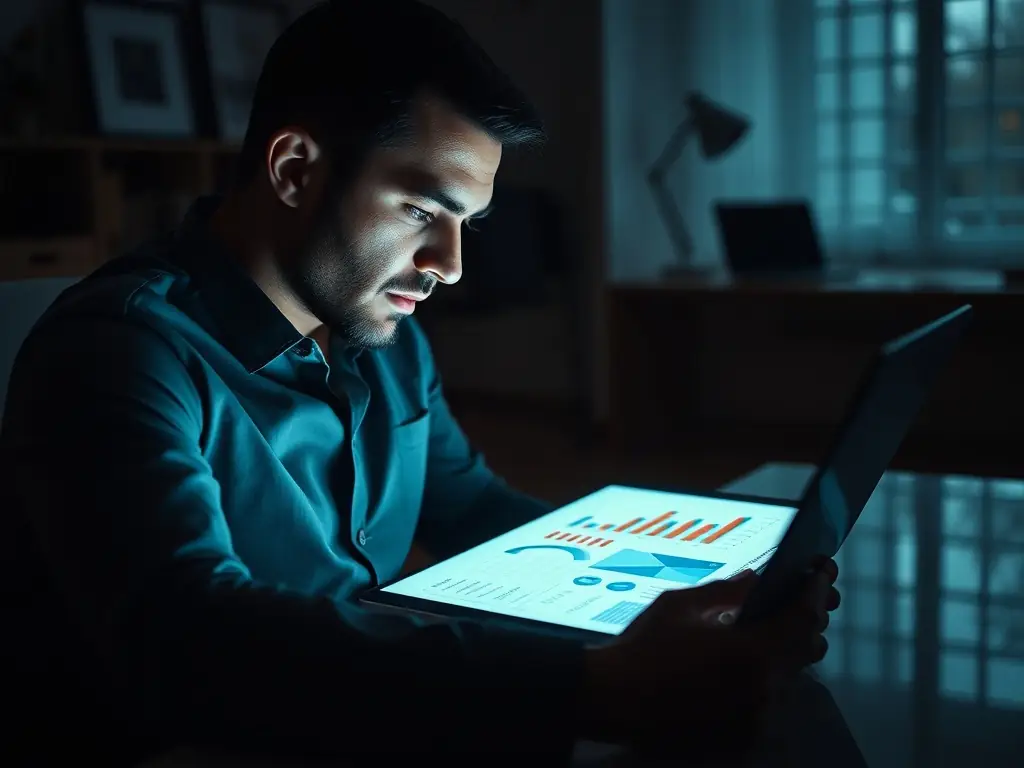 A focused real estate agent reviewing targeted ad performance metrics on a laptop, showcasing data-driven results.