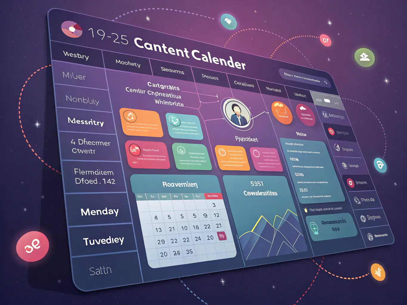 A content calendar with AI-generated content suggestions and analytics, illustrating Vendero Media's AI-powered content strategy service for real estate professionals.