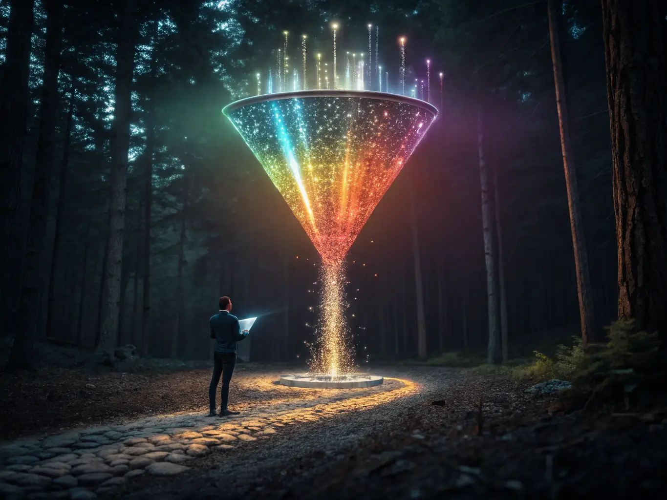 An illustration of a sales funnel with stages from awareness to conversion, with analytics overlay, representing Vendero Media's optimized sales funnels service for real estate professionals.